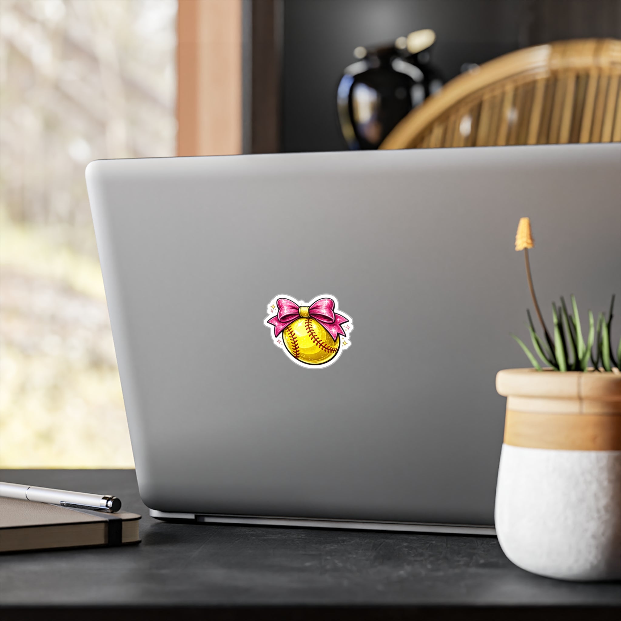 Softball with Pink Bow - Vinyl Sticker