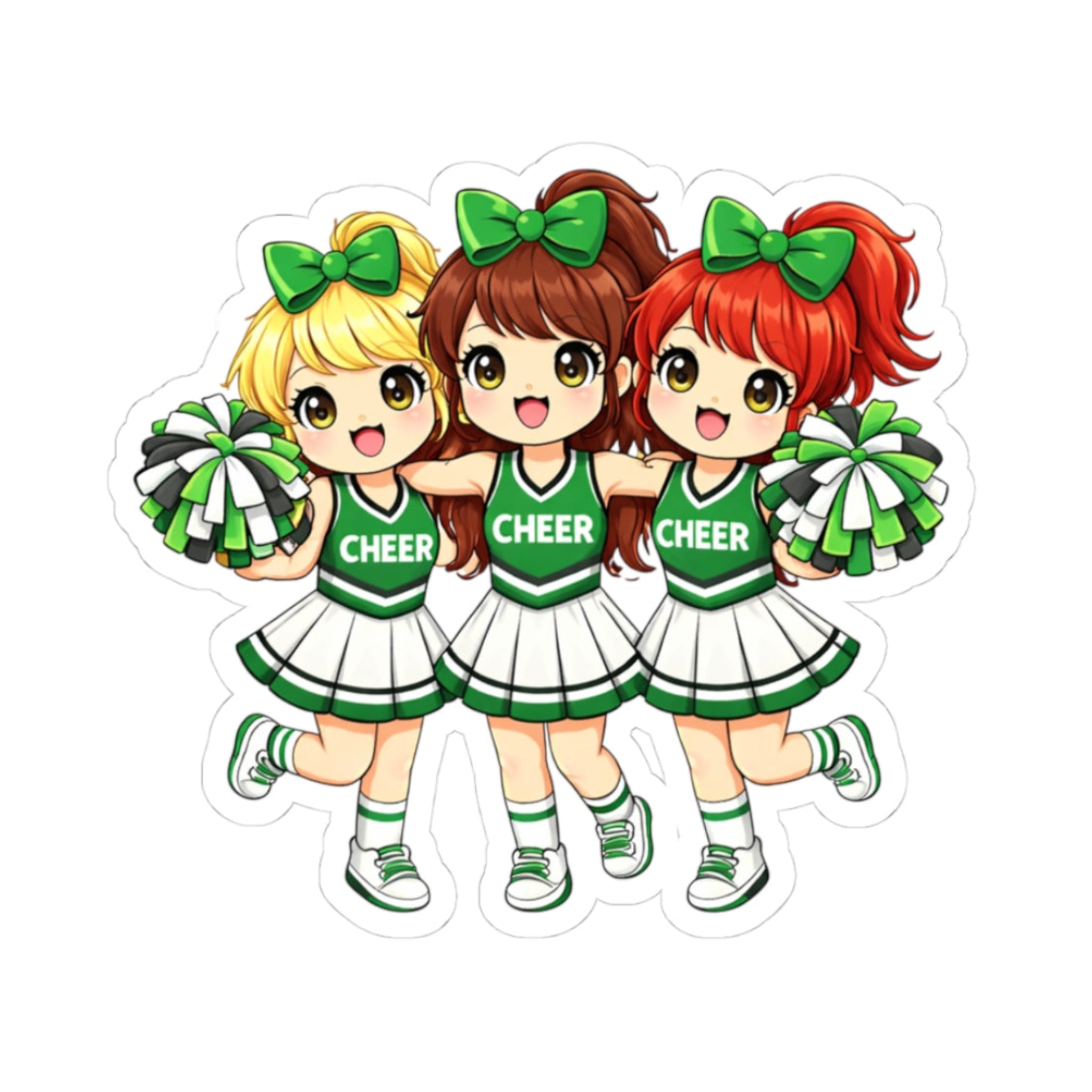 Three cartoon cheerleaders with green and white uniforms on a white background