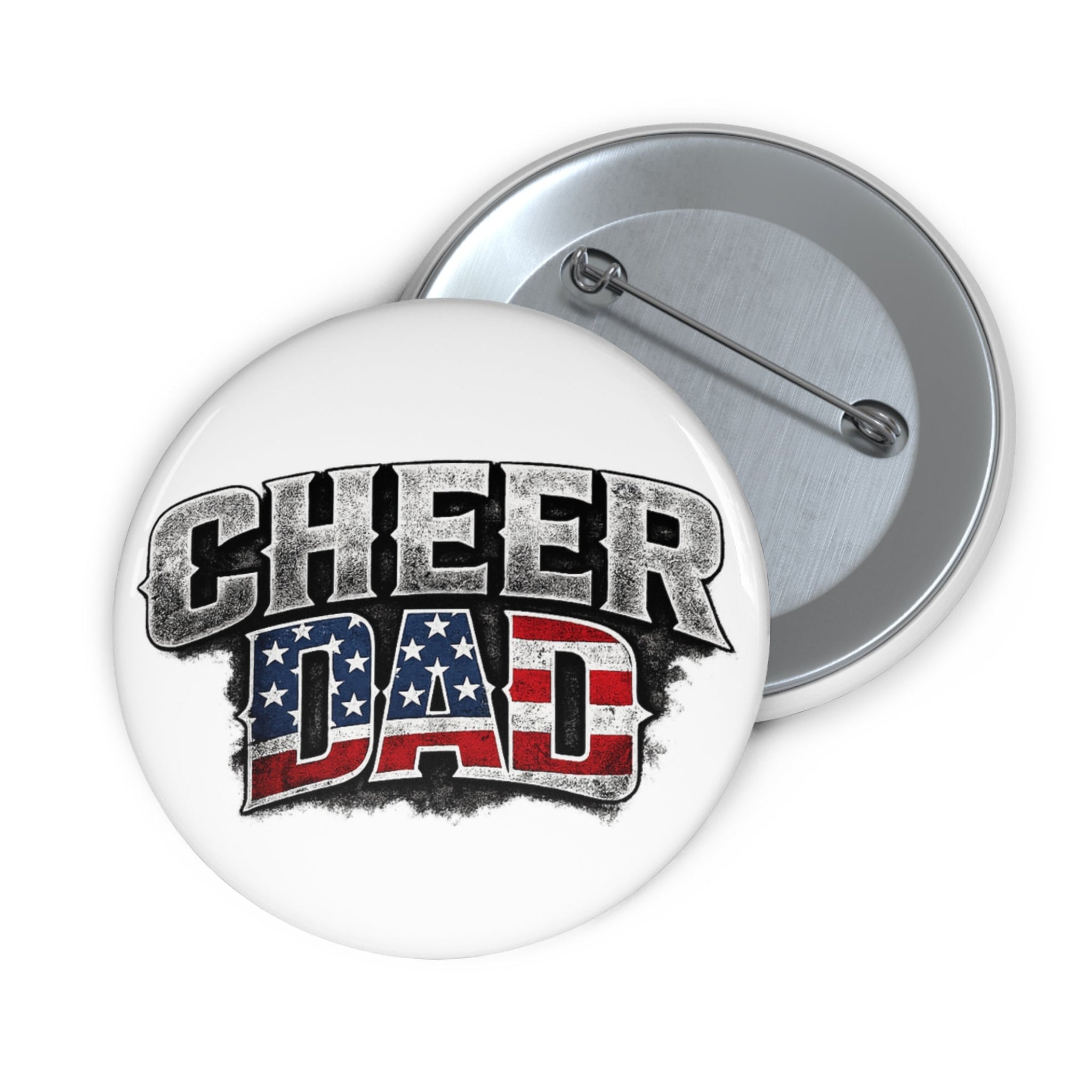 Button badge with 'CHEER DAD' text and American flag design on a white background