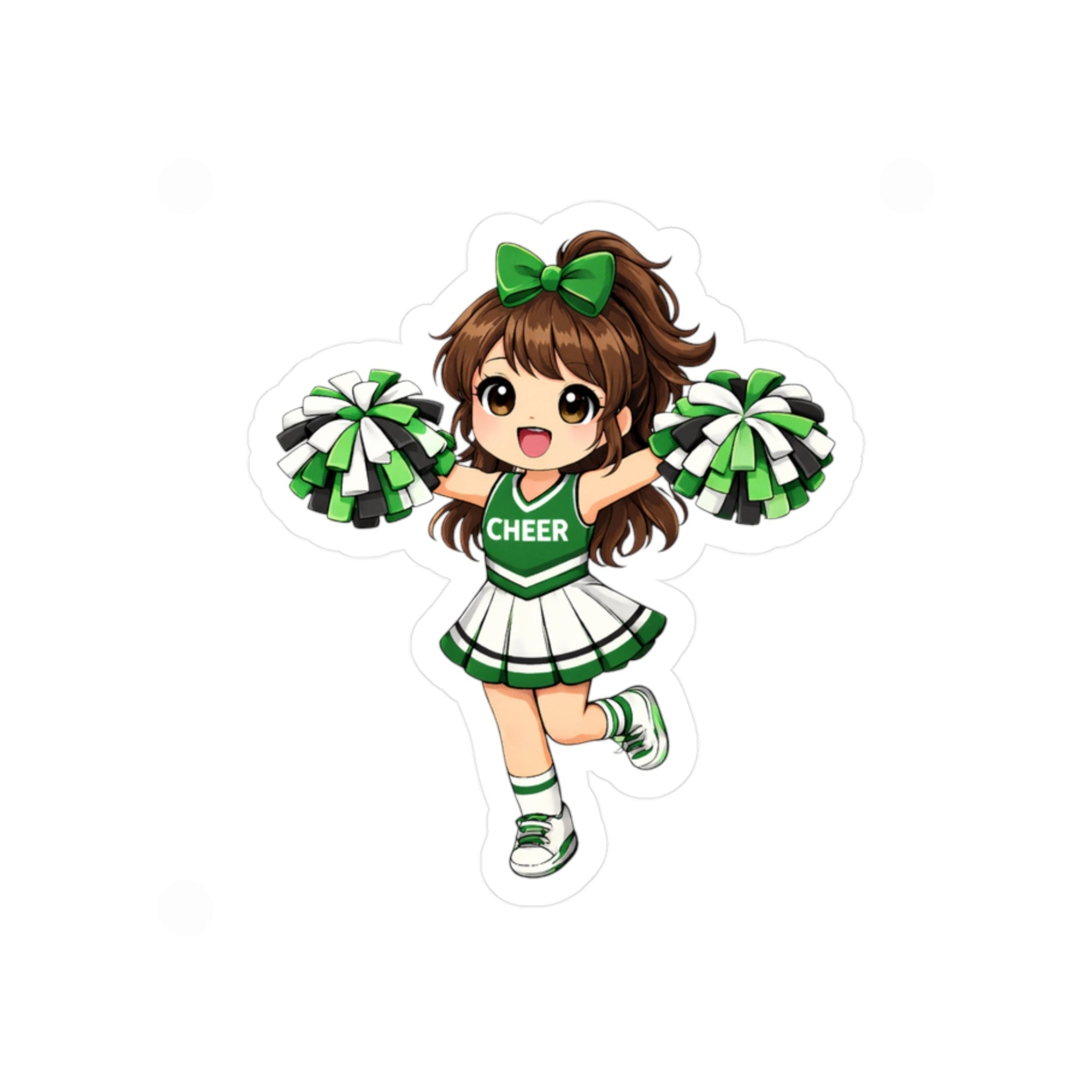 Cartoon cheerleader character in green and white uniform with pom-poms on a white background