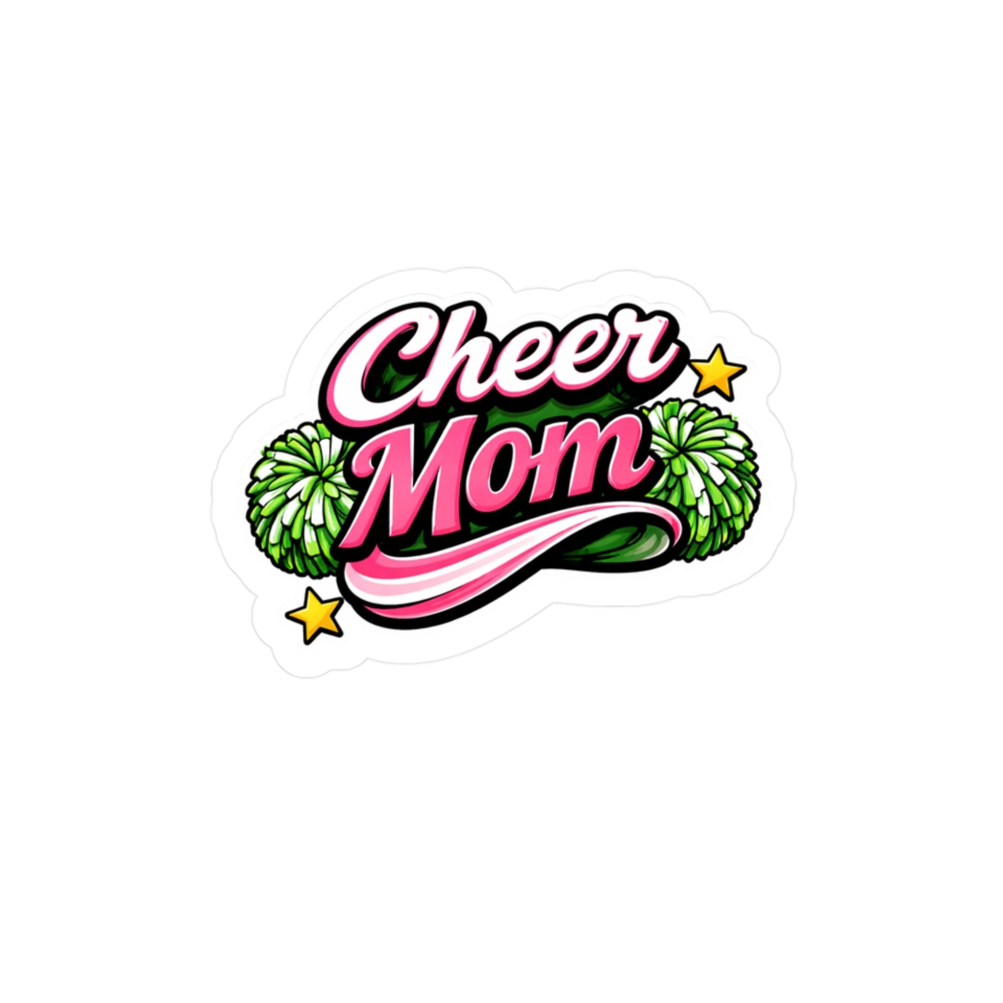 Sticker with 'Cheer Mom' text and green pom-poms on a white background