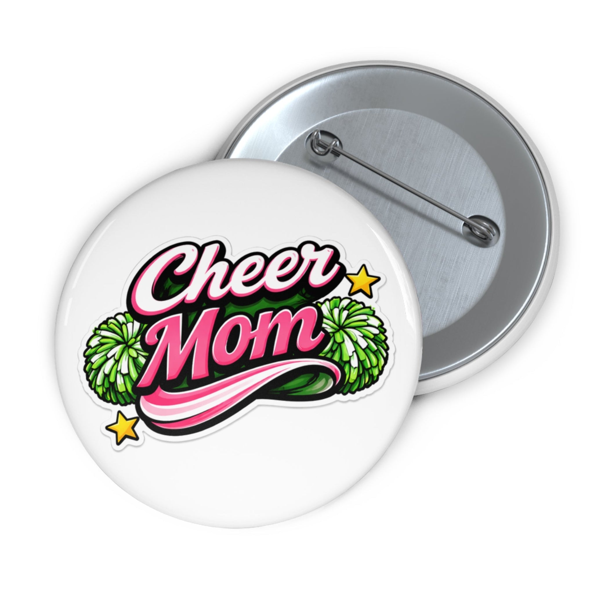 Button badge with 'Cheer Mom' text and cheerleading elements on a white background
