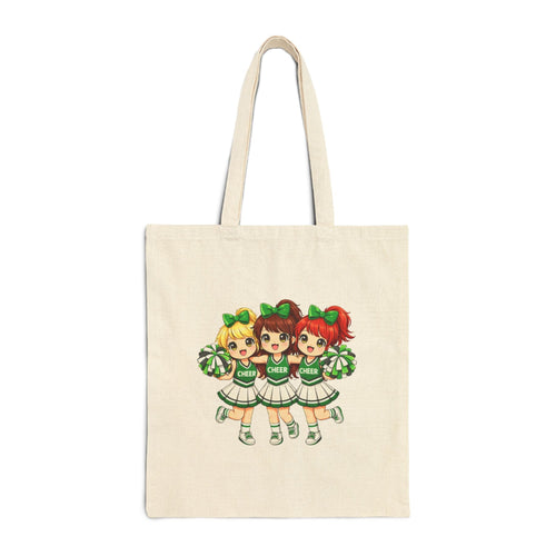 Tote bag with cartoon cheerleaders design on a white background