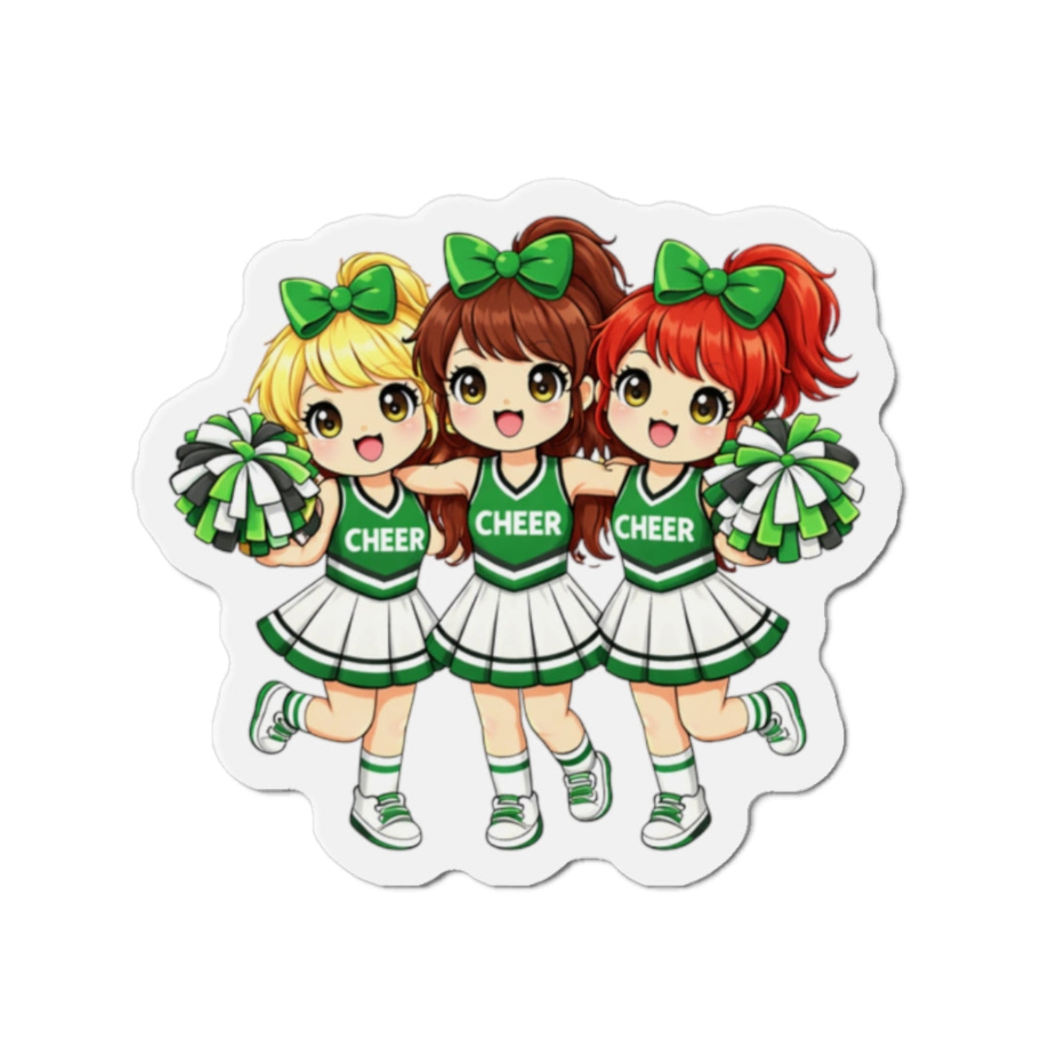 Cartoon cheerleaders with green and white uniforms on a white background