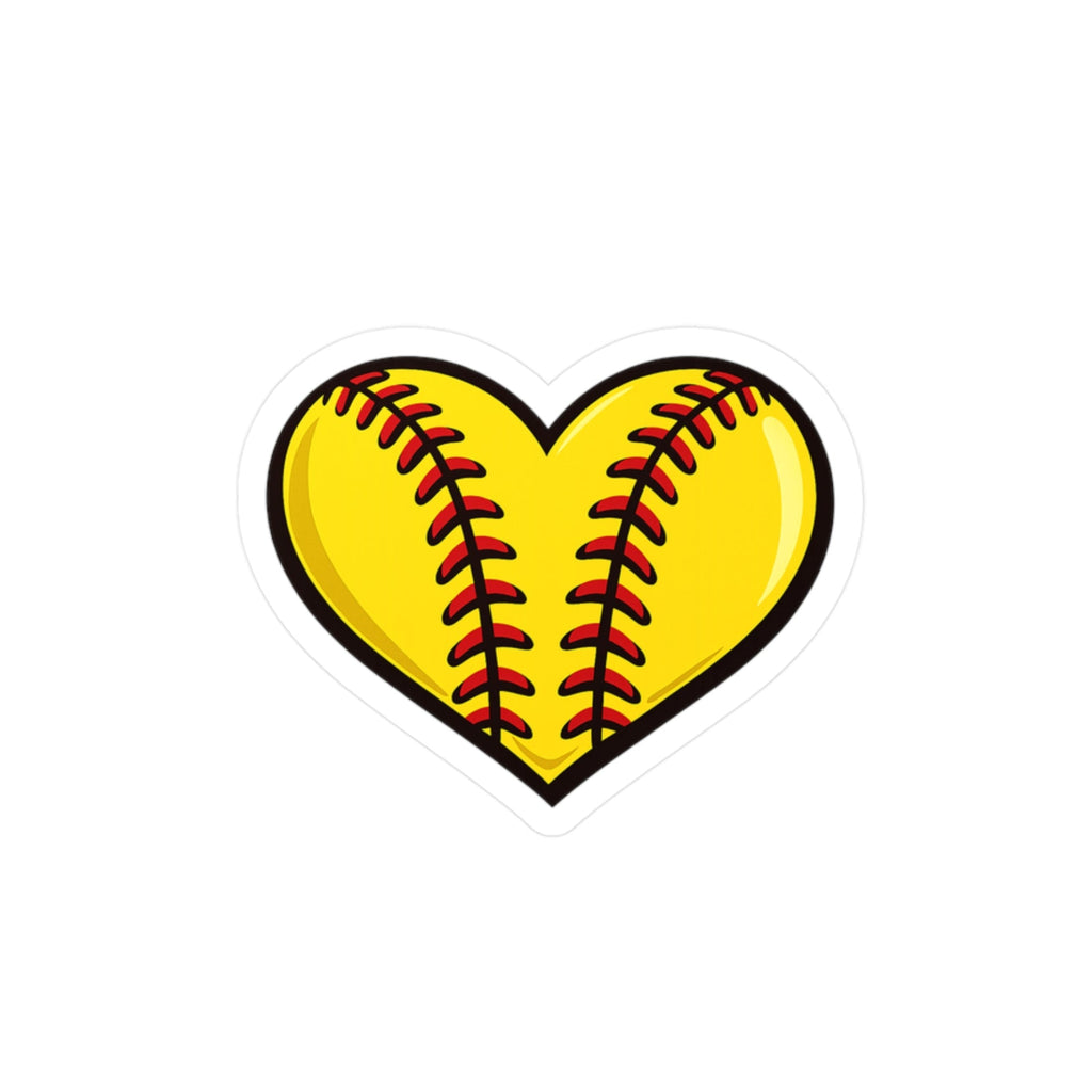 Heart-shaped softball with yellow shell and red stitching on a white background