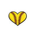Heart-shaped softball with yellow shell and red stitching on a white background