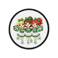 Round patch with cartoon cheerleaders holding pom-poms on a white background