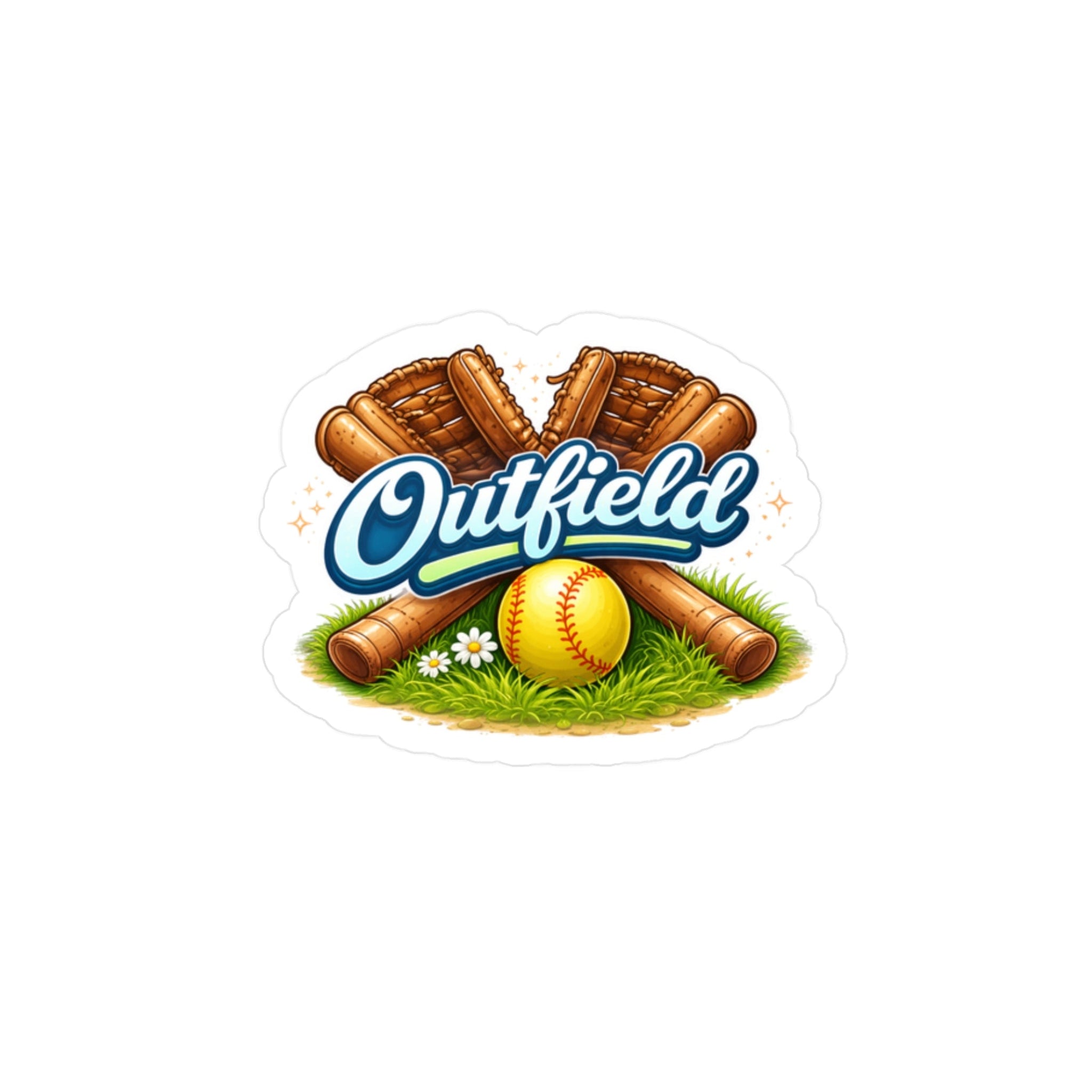 Sticker with crossed baseball gloves, a ball, and 'Outfield' text on a grassy background.