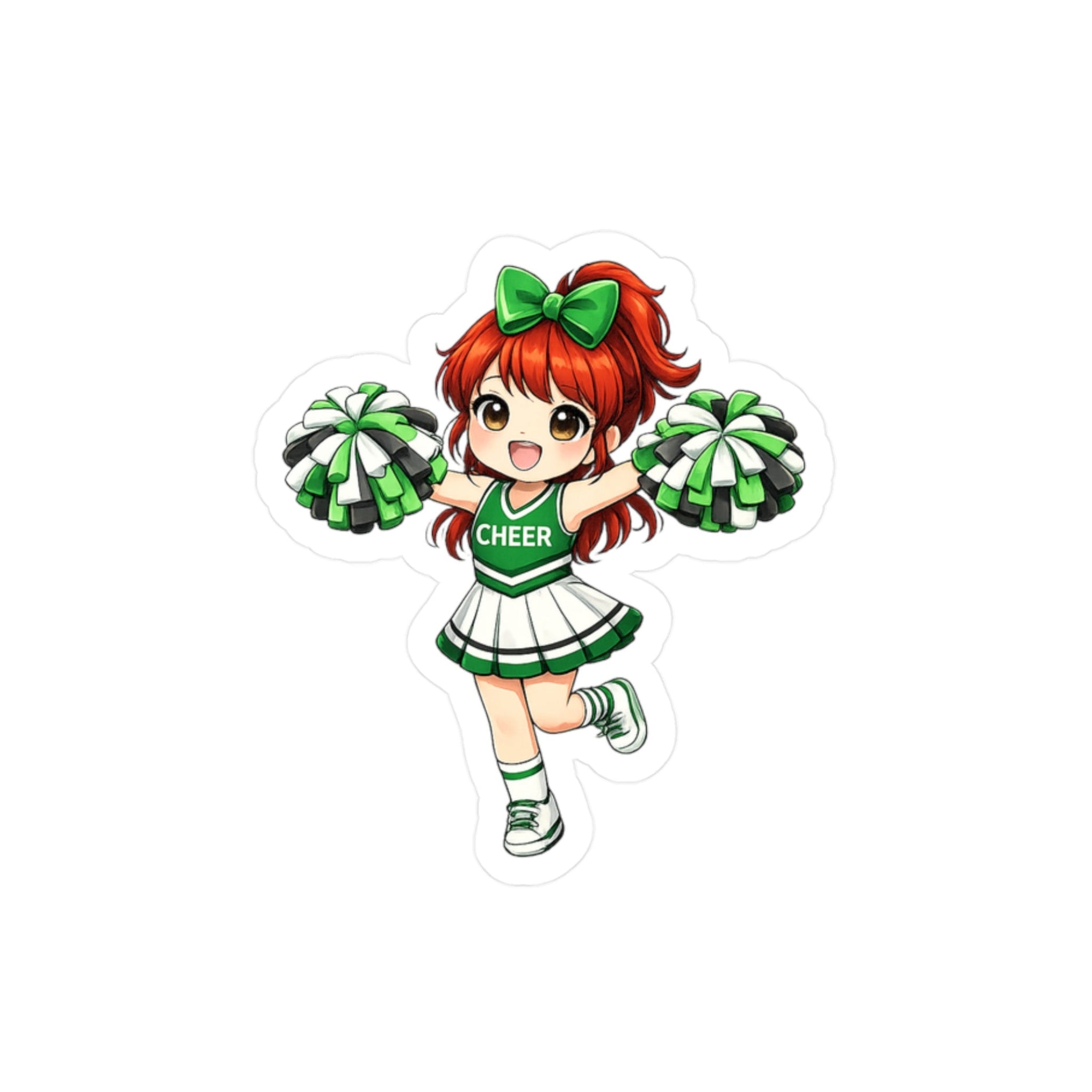 Cartoon cheerleader character with green and red outfit on a white background
