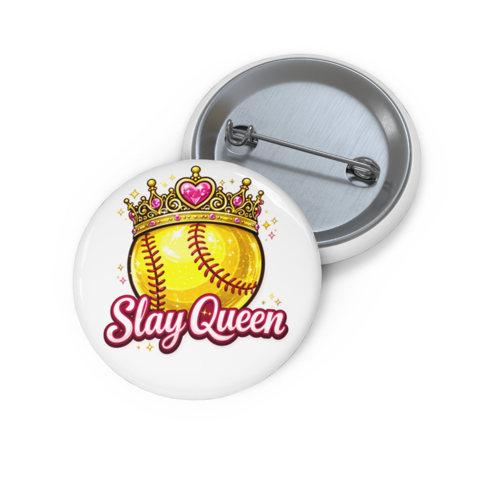 Button badge with softball design and 'Slay Queen' text on a white background