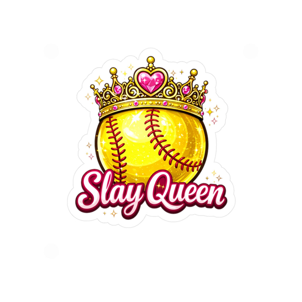 Yellow softball with a crown and 'Slay Queen' text on a white background