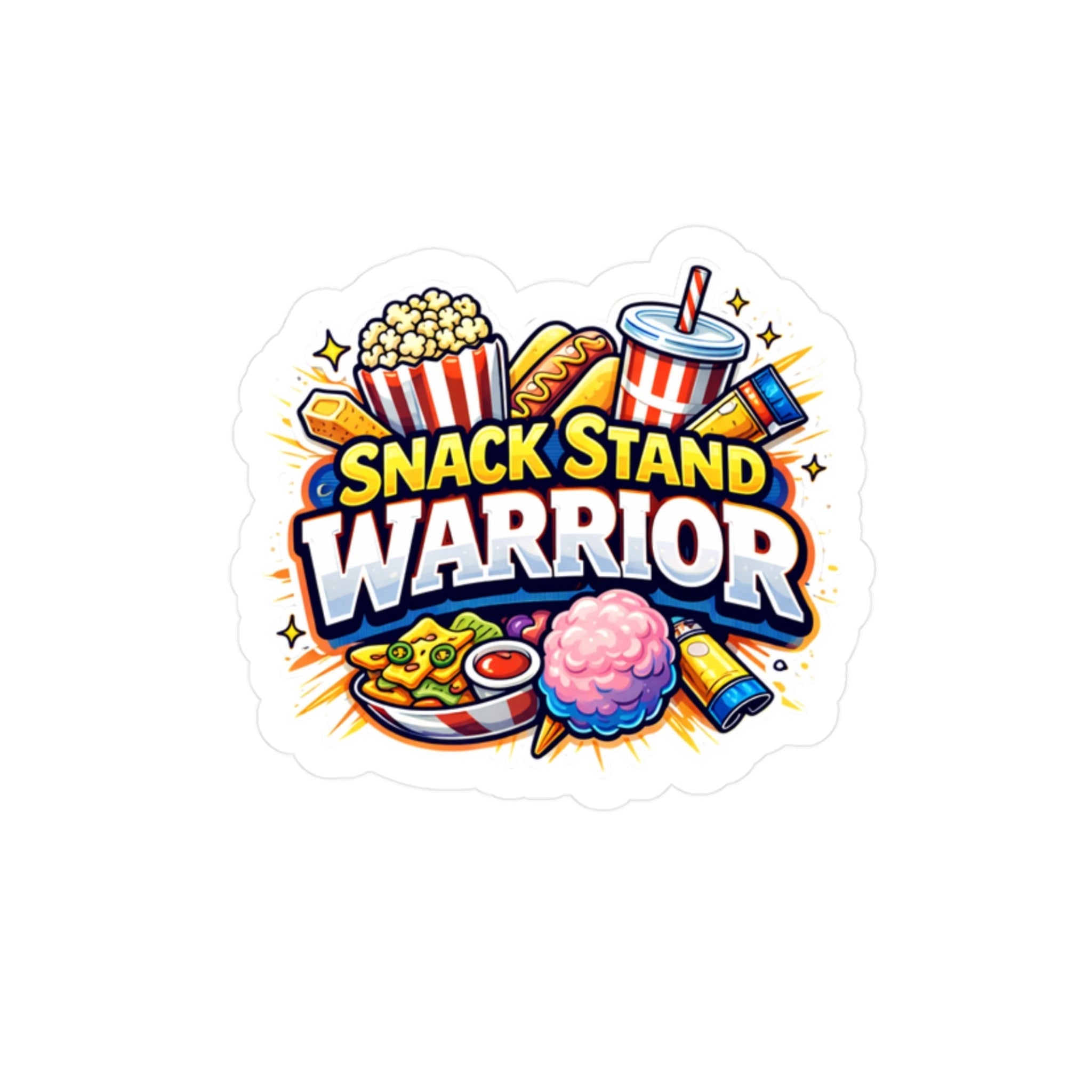 Logo for 'Snack Stand Warrior' with colorful snack illustrations on a white background