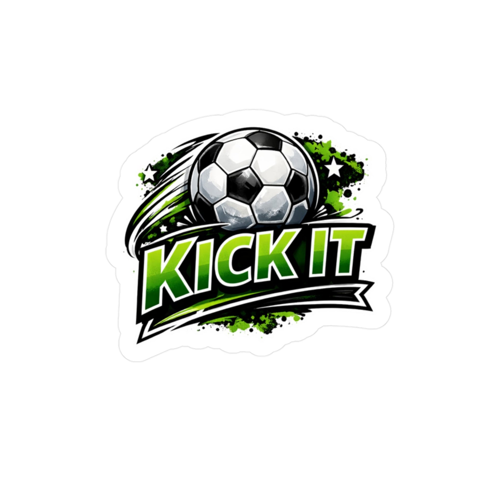 Soccer ball with 'KICK IT' text on a white background