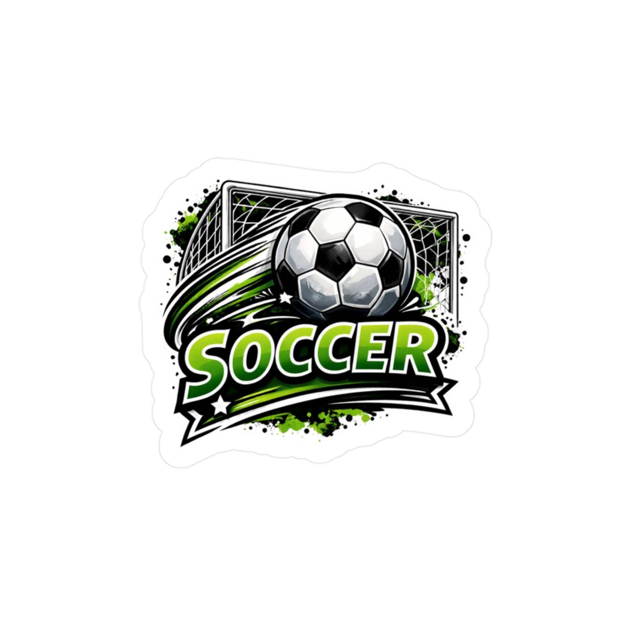 Soccer-themed sticker with a soccer ball and goal on a white background