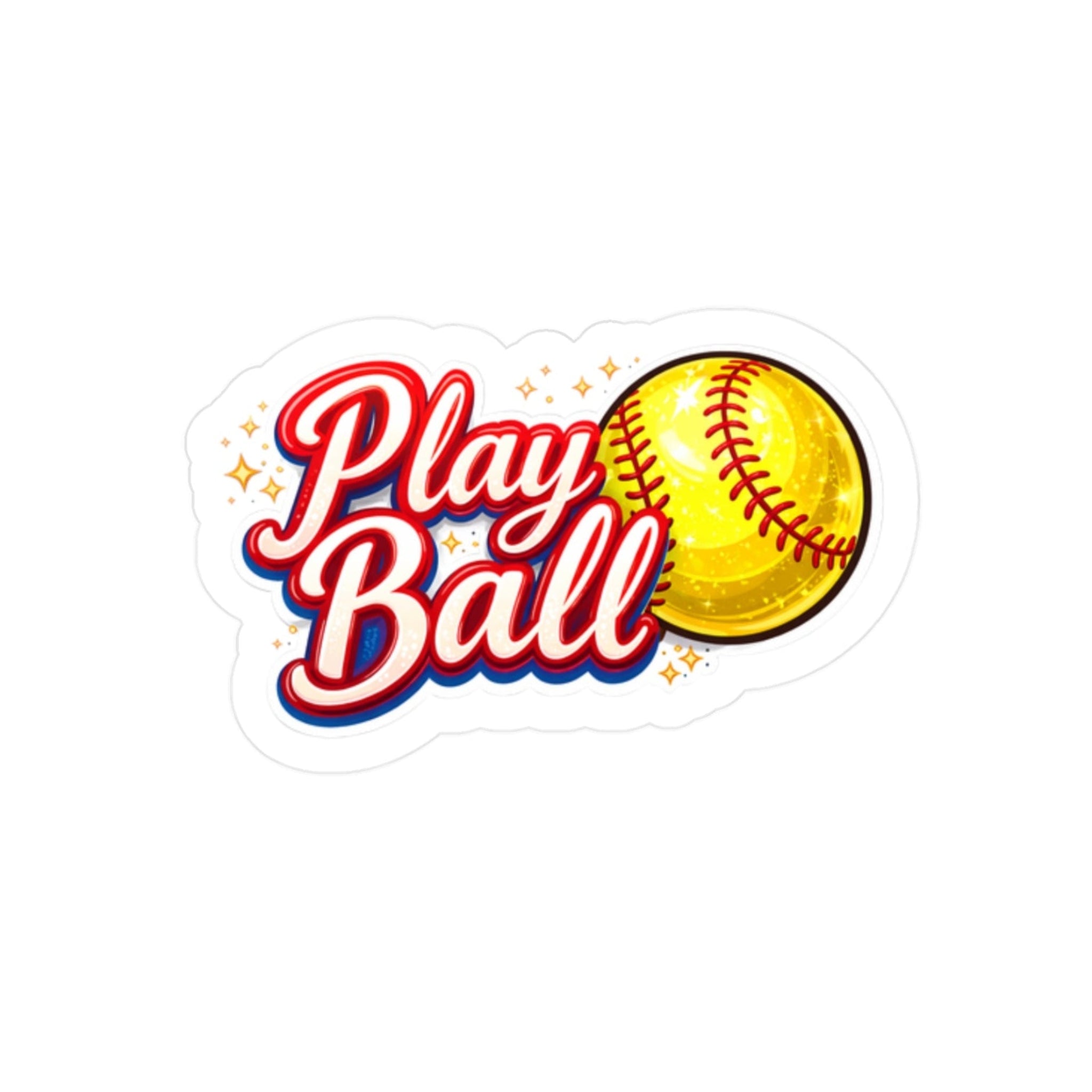 Sticker with 'Play Ball' text and a yellow softball on a white background