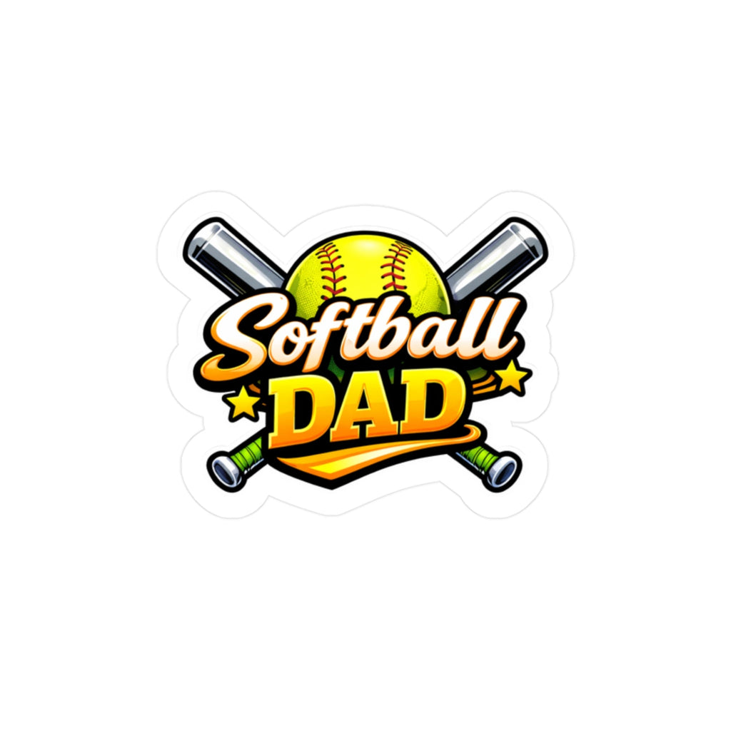 Sticker with 'Softball Dad' text and softball graphics on a white background