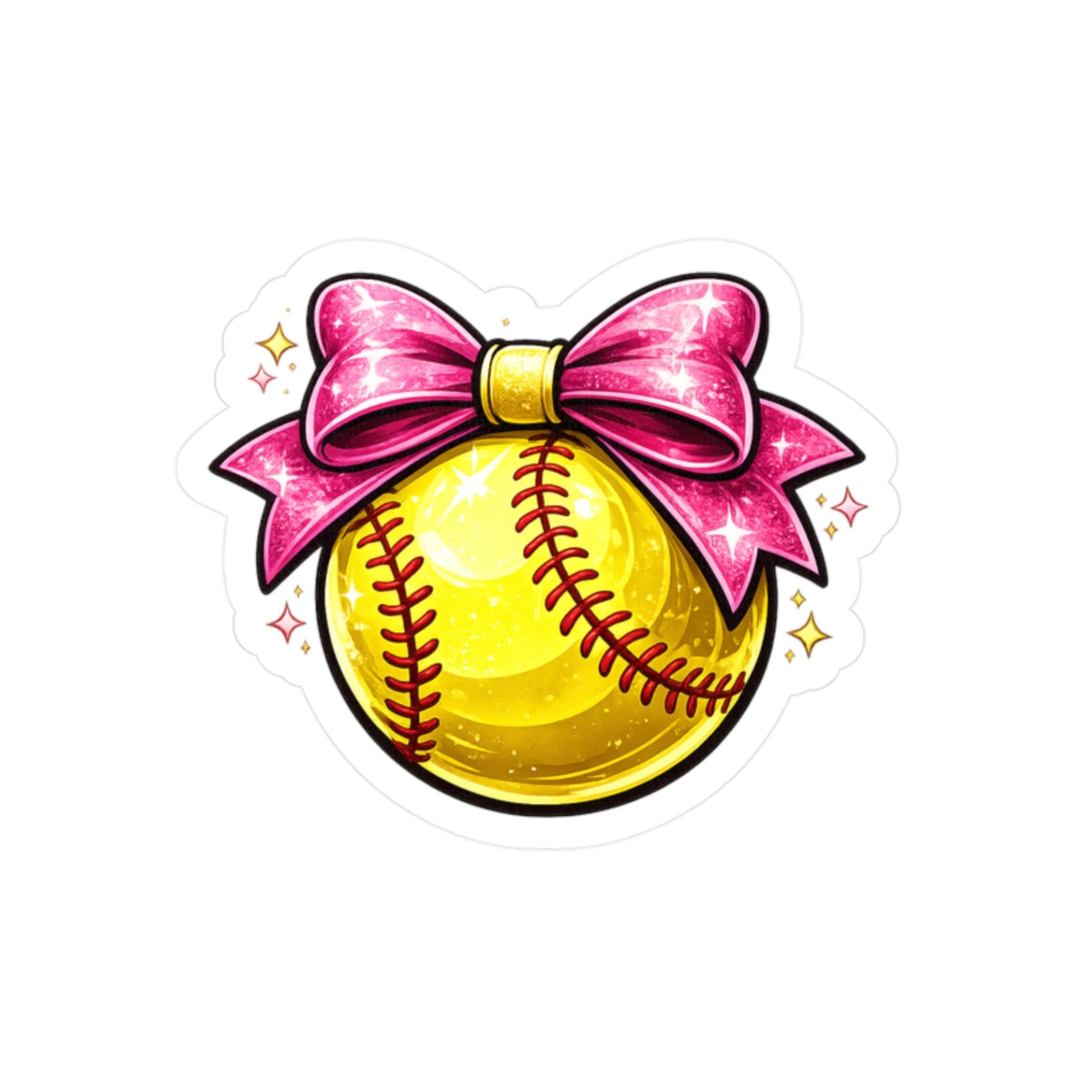 Yellow softball with a pink bow on a white background