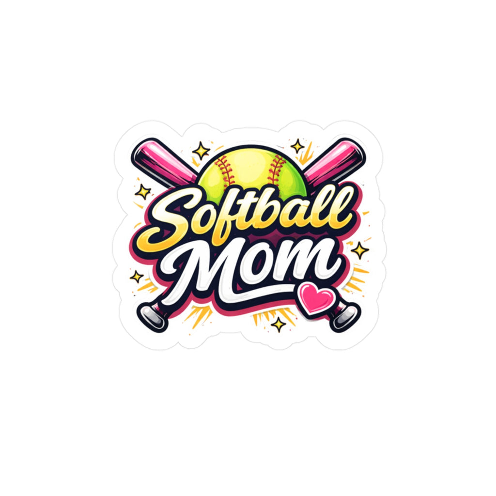 Sticker with 'Softball Mom' text and softball design on a white background