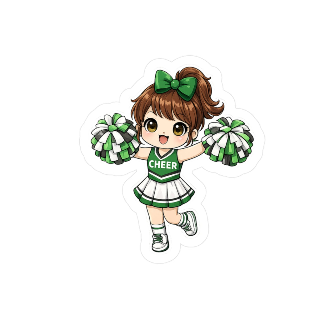 Cartoon cheerleader character with green and white uniform on a white background