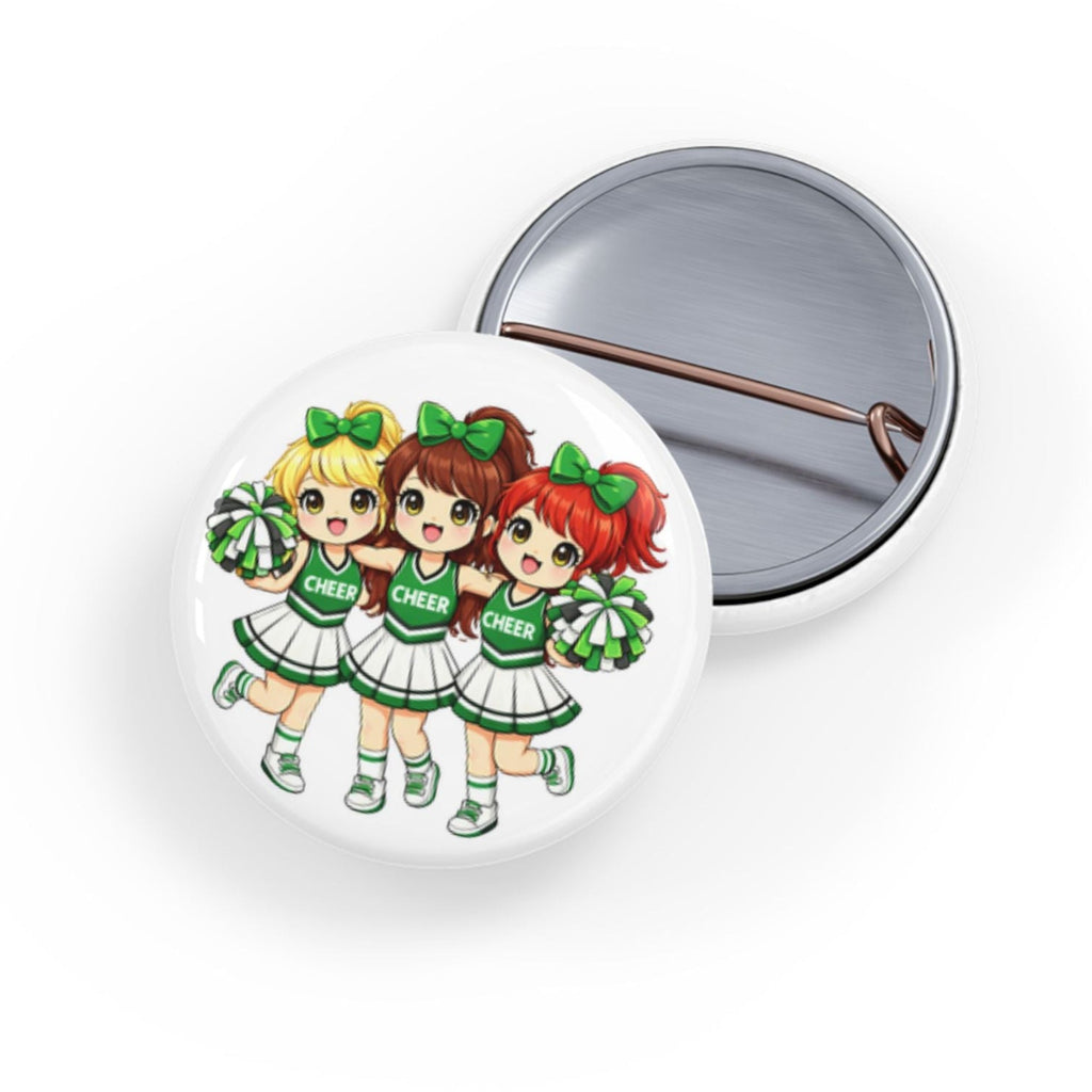 Button badge with cartoon cheerleaders on a white background