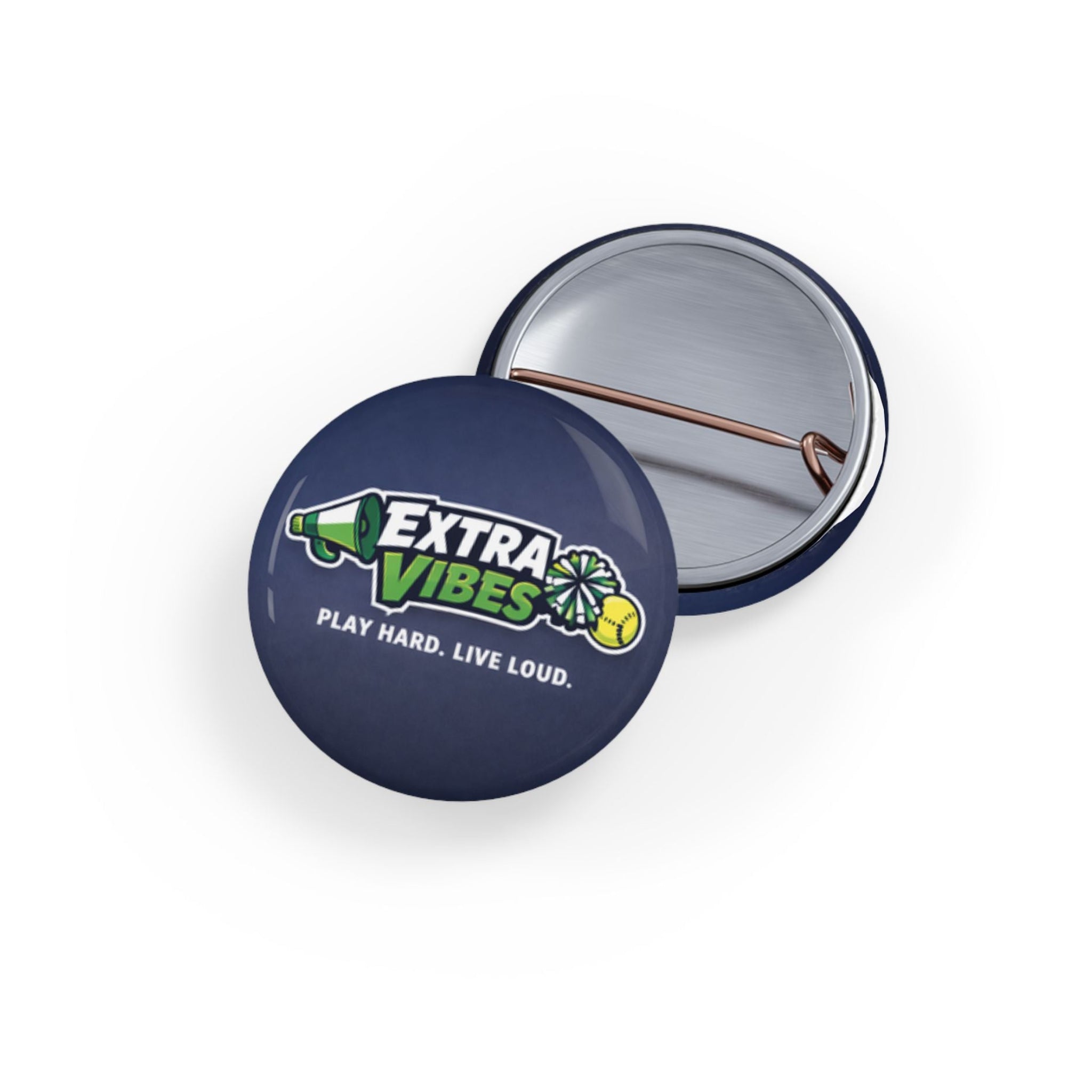 Navy blue button with 'Extra Vibes' logo and text on a white background