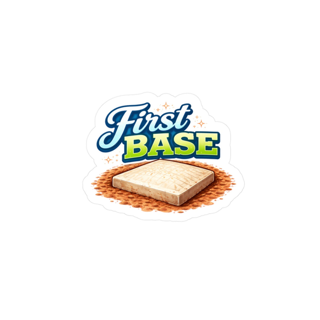 Sticker of a baseball base with 'First Base' text on a white background