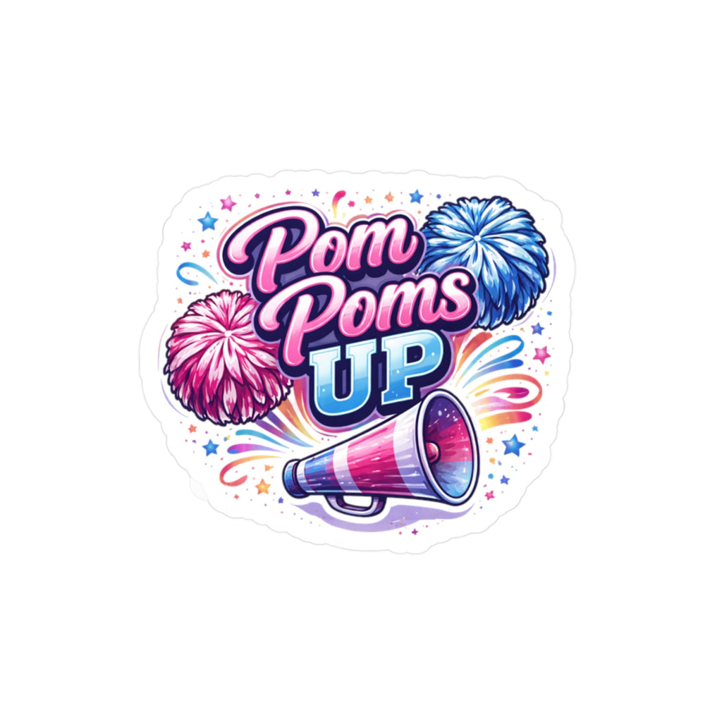Logo with 'Pom Poms Up' text, colorful pom-poms, and a megaphone on a white background