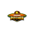 Logo with a baseball mound, glove, and ball, featuring the word 'Pitcher'.